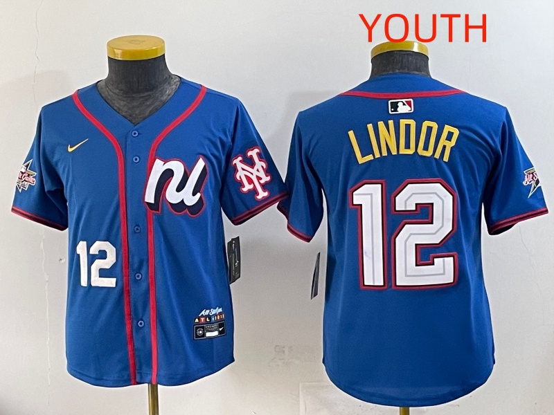 Youth 2025 New York Mets #12 Lindor Blue All star Nike MLB Jersey style 2